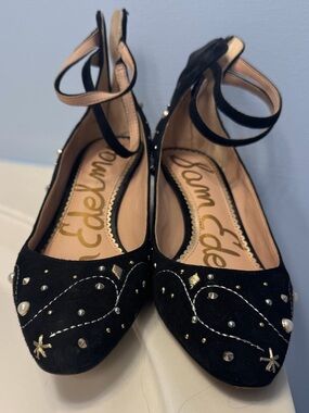 Sam Edelman Black Embellished Ankle-Strap Flats